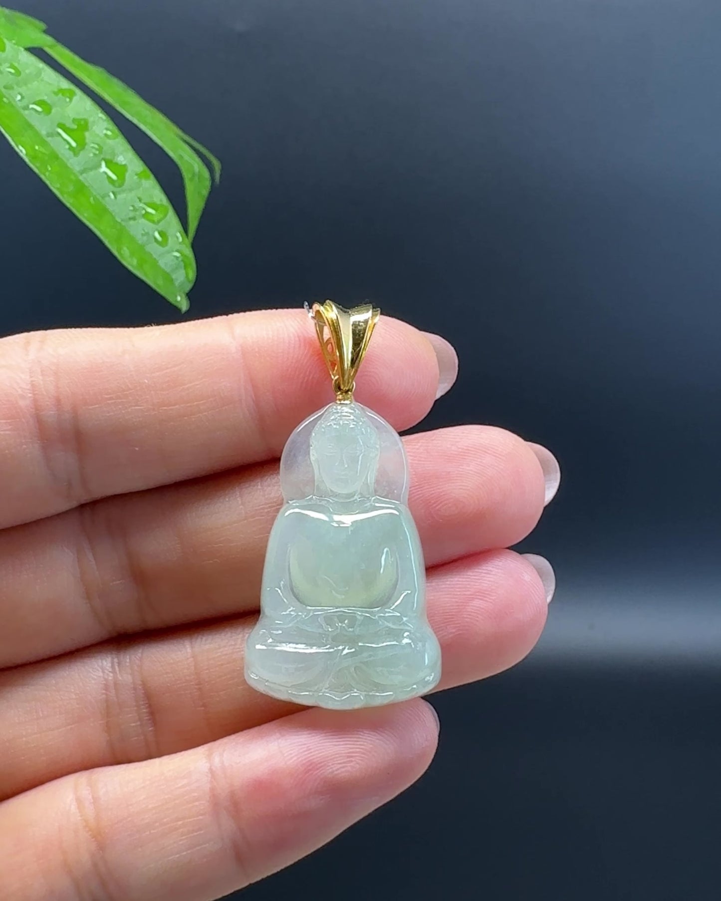 18K Yellow Gold Burmese Icy Green Jadeite Jade Guanyin Pendant