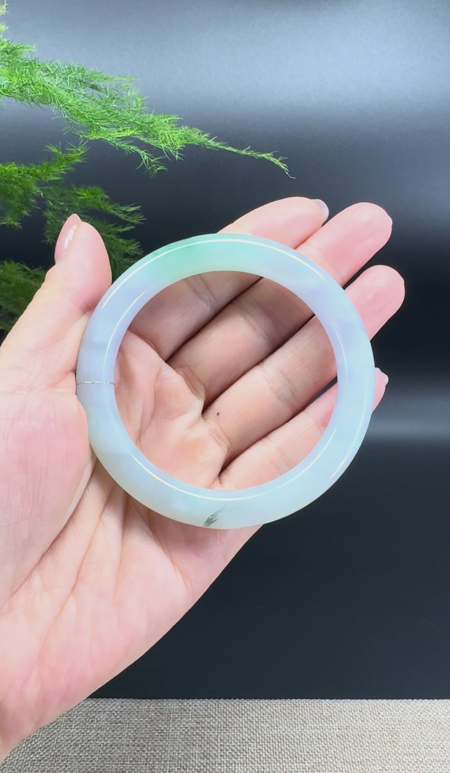 Load and play video in Gallery viewer, Genuine Burmese Icy Green Jadeite Jade Bangle Bracelet ( 55.5mm )
