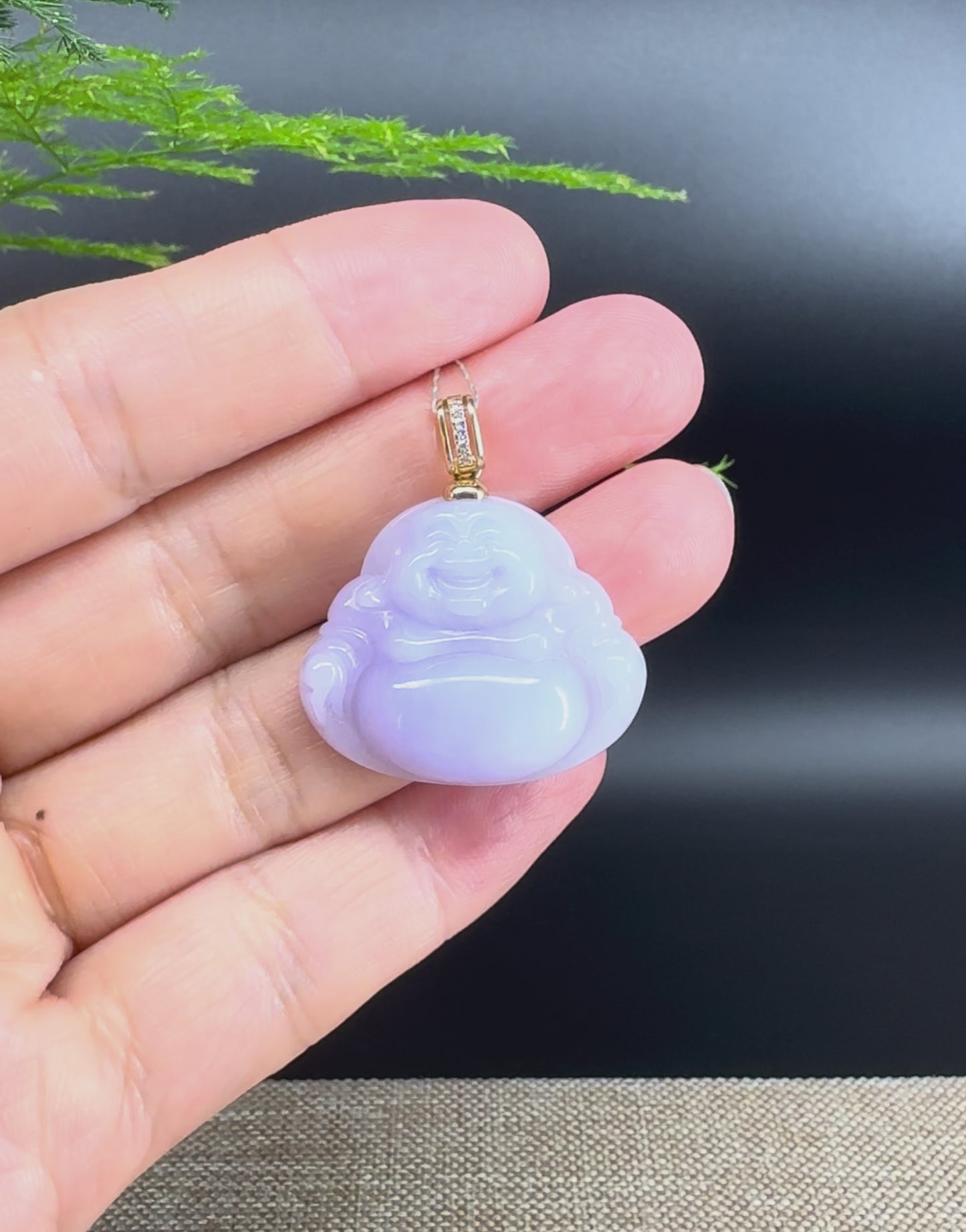 Load and play video in Gallery viewer, 18K Yellow Gold Burmese Lavender Jadeite Jade Happy Buddha Pendant
