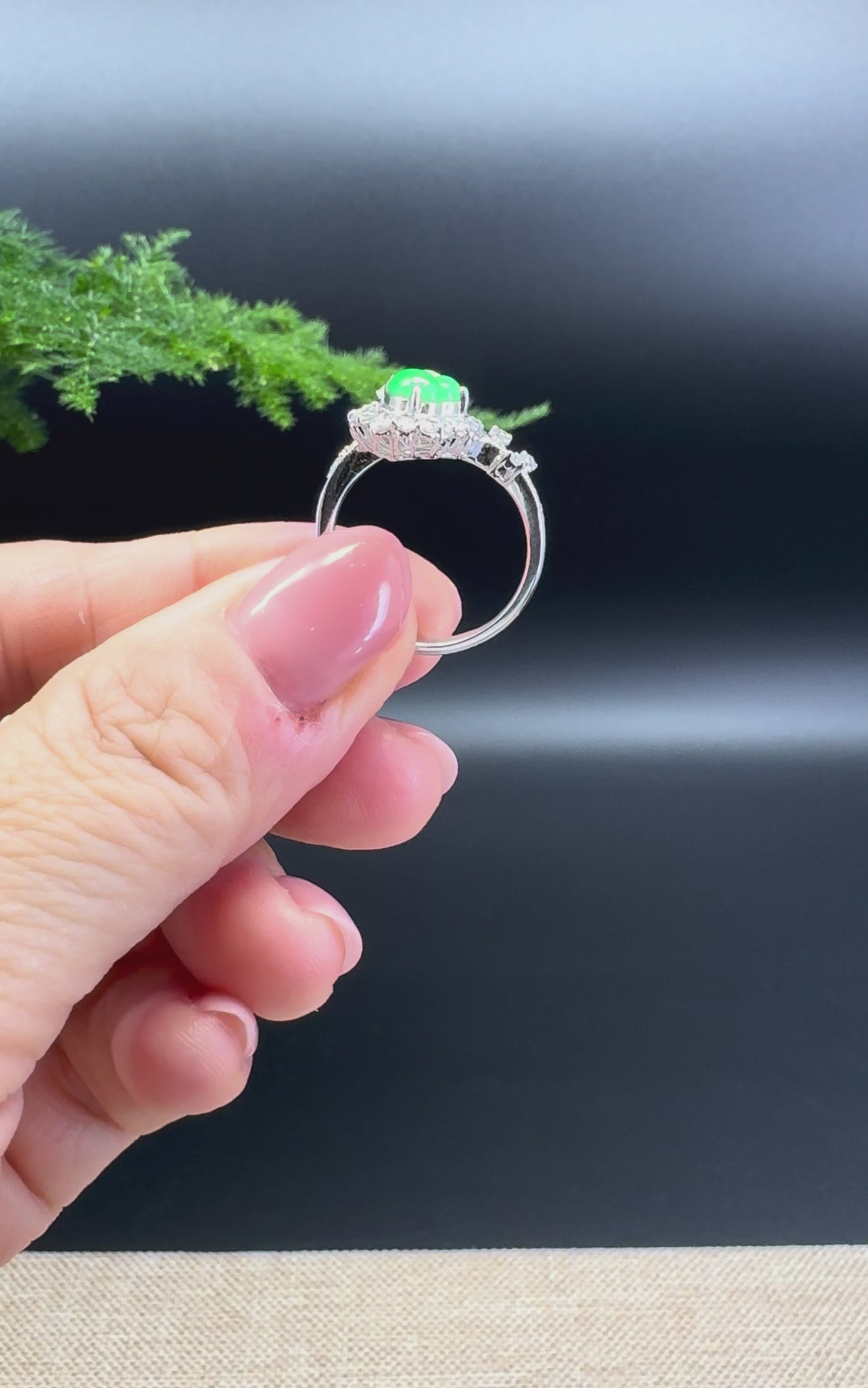 Load and play video in Gallery viewer, RealJade® &amp;quot;Amelie&amp;quot; 18k White Gold Natural Icy&amp;amp;Green Jadeite Hulu Ring With Diamonds
