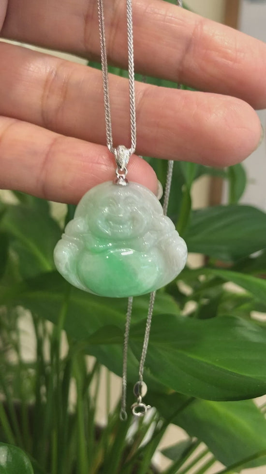 Load and play video in Gallery viewer, RealJade® &amp;quot;Laughing Buddha&amp;quot; Genuine Green Jadeite Buddha Pendant Necklace With 14k White Gold Diamond Bail
