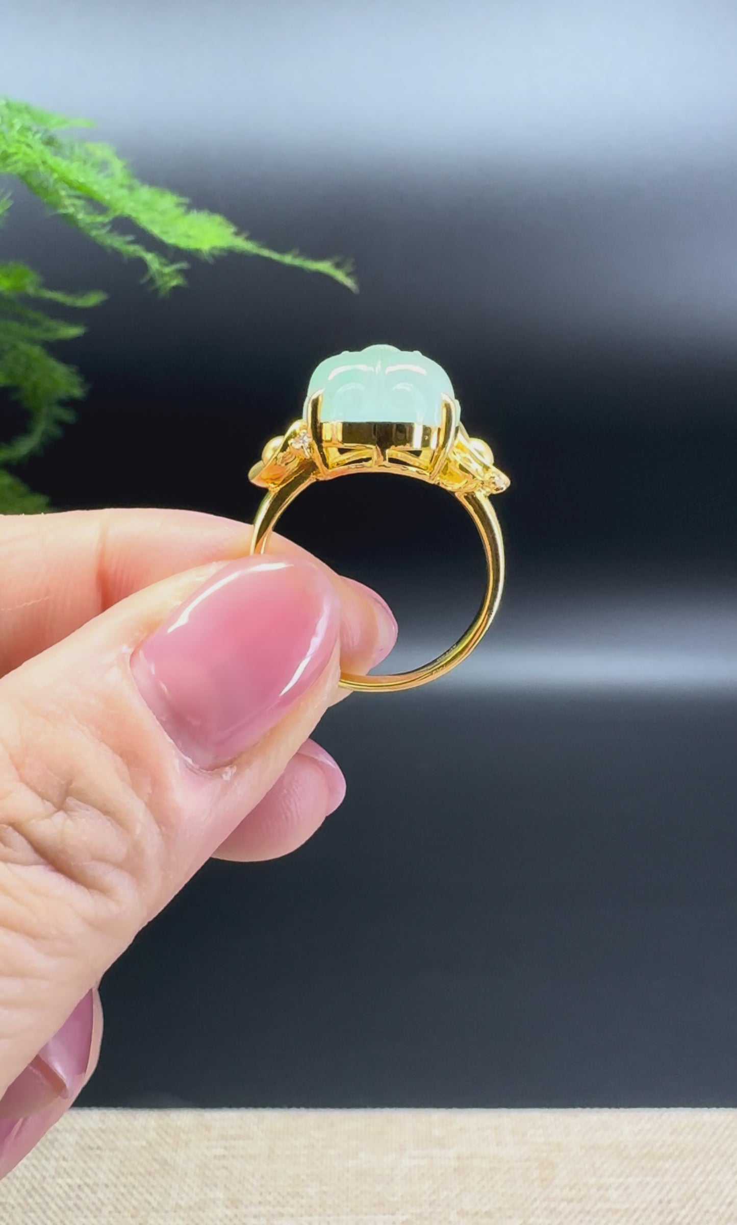 RealJade® 18K Yellow Gold Icy Green Jadeite Jade Diamonds PiXiu Ring