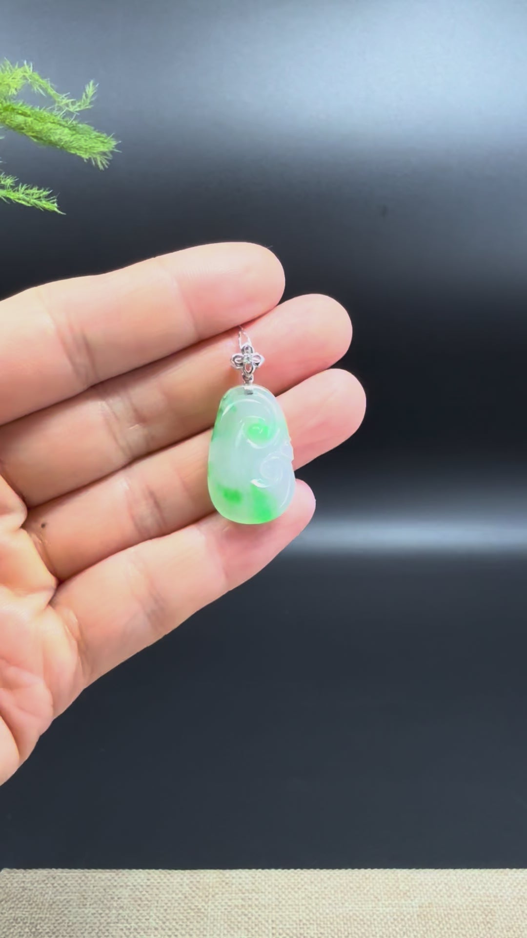 Load and play video in Gallery viewer, RealJade® Co. Genuine Icy Spicy Green Jadeite Jade Good Luck RuYi  Necklace With 18K White Gold Diamonds Bail
