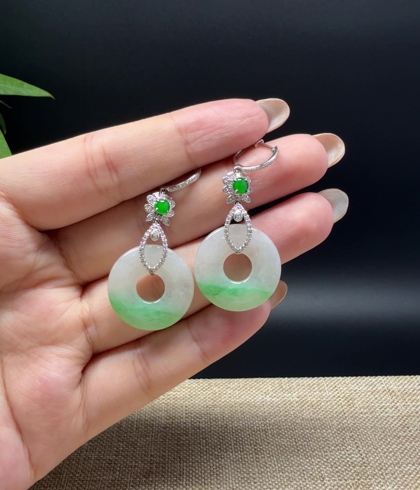 18k White Gold Genuine White Green Jadeite Jade Earrings With Diamonds