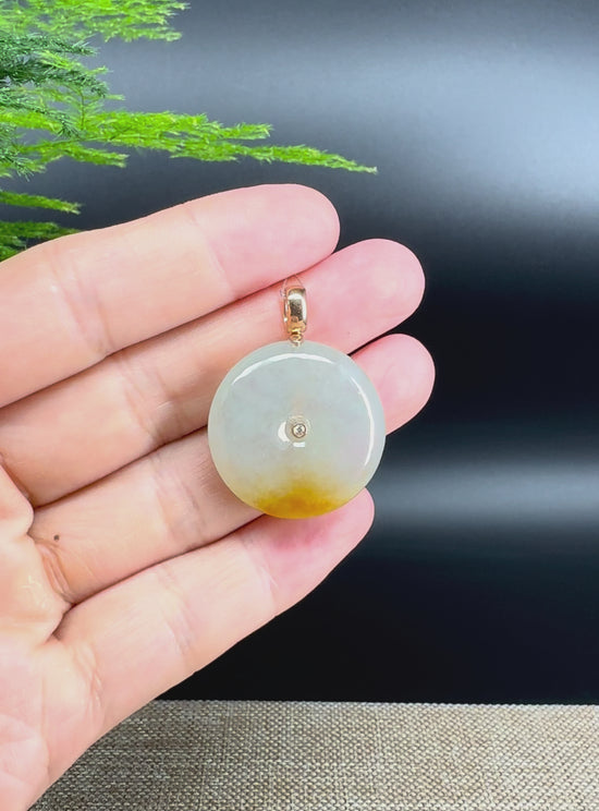 Load and play video in Gallery viewer, &amp;quot;Good Luck Button&amp;quot; Icy Yellow Jadeite Jade Lucky KouKou Pendant With 18K Rose Gold Bail
