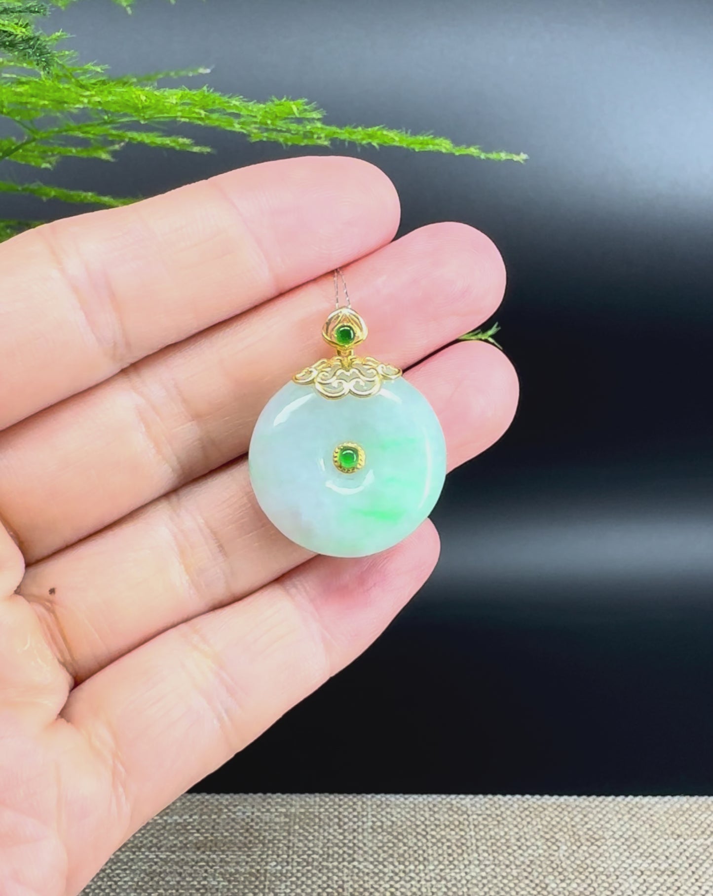 Load and play video in Gallery viewer, &amp;quot;Good Luck Button&amp;quot; Green Jadeite Jade Lucky KouKou Pendant With 18K Yellow Gold Diamond Bail
