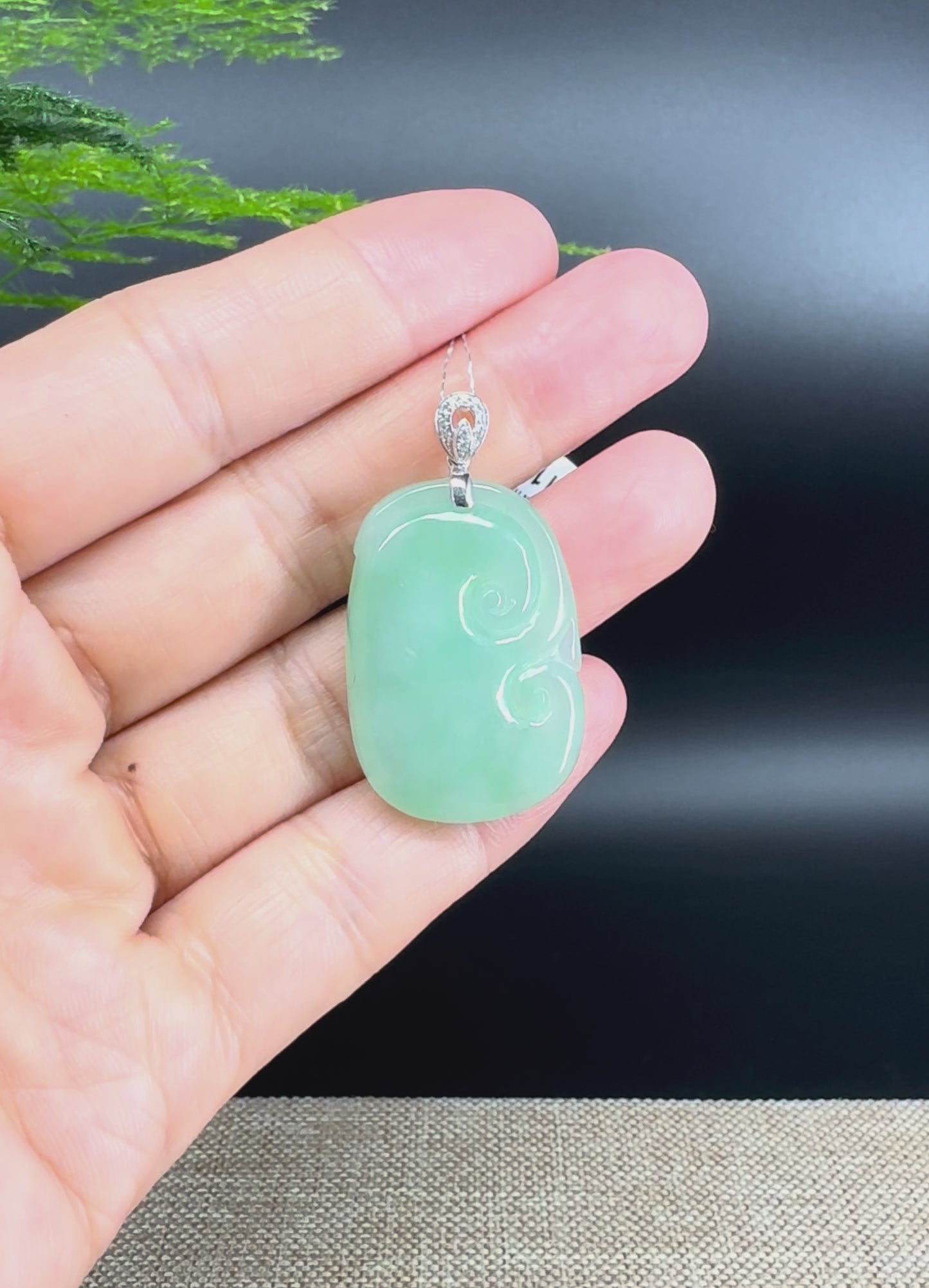 Load and play video in Gallery viewer, RealJade® Co. Genuine Icy Green Jadeite Jade Good Luck RuYi Necklace With 18K  White Gold Bail

