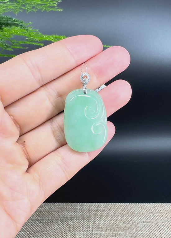 Load and play video in Gallery viewer, RealJade® Co. Genuine Icy Green Jadeite Jade Good Luck RuYi Necklace With 18K  White Gold Bail
