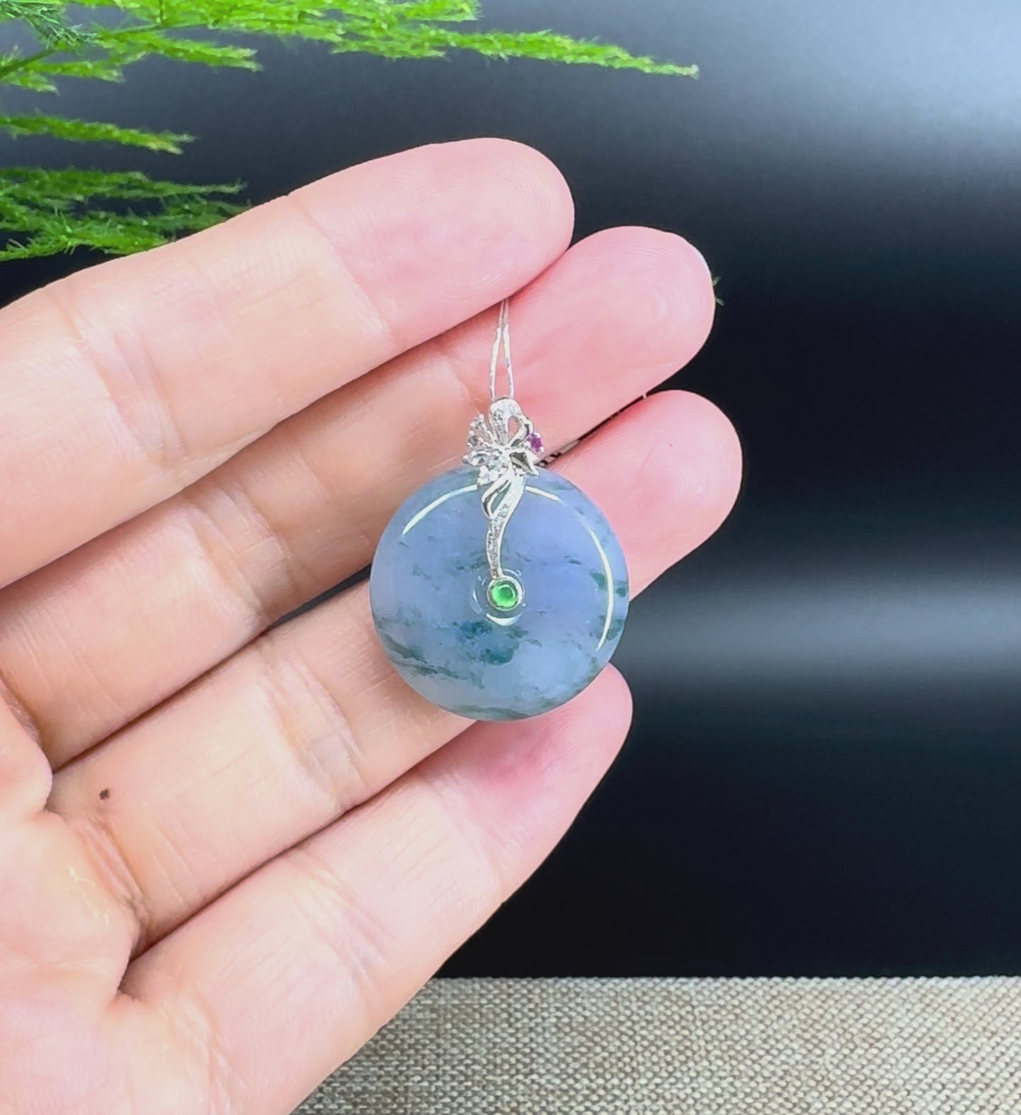 "Good Luck Button" Blue Lavender Jadeite Jade Lucky KouKou Pendant With 18K White Gold Bail