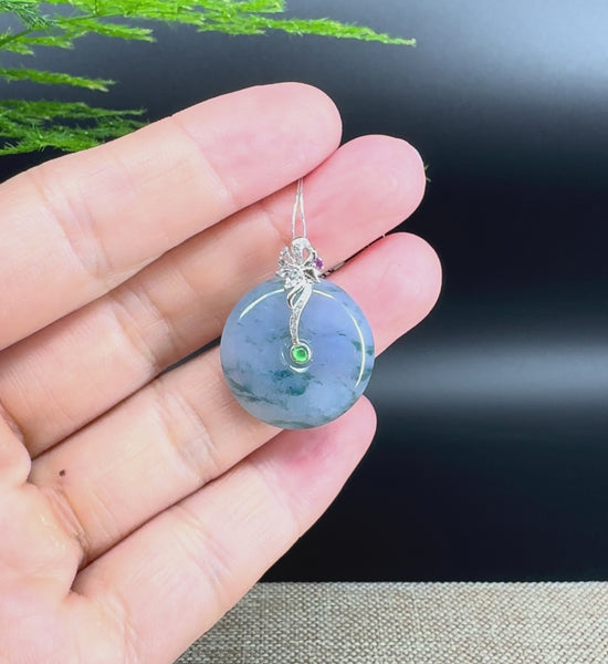 Load and play video in Gallery viewer, &amp;quot;Good Luck Button&amp;quot; Blue Lavender Jadeite Jade Lucky KouKou Pendant With 18K White Gold Bail
