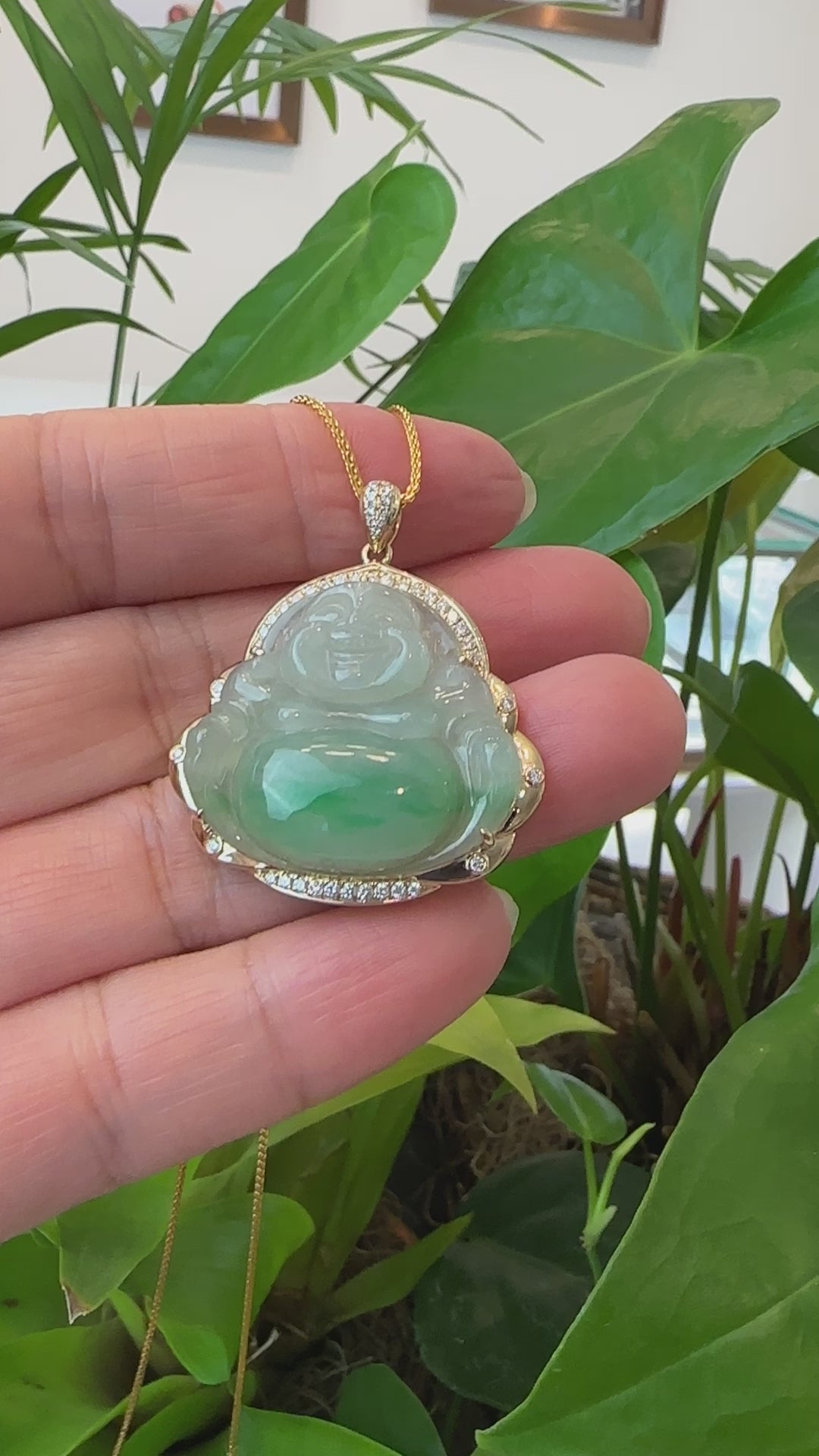 Load and play video in Gallery viewer, RealJade® Co. &amp;quot;Laughing Buddha&amp;quot; 14k Gold Genuine Apple Green Jadeite Jade with VS1 Diamonds
