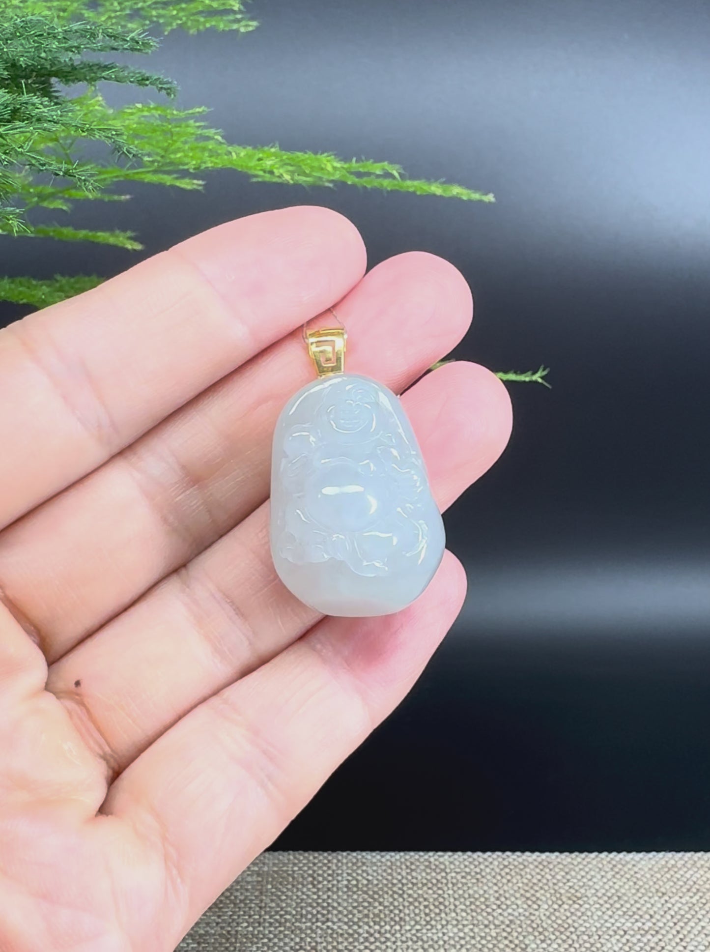 18K Yellow Gold Burmese White Jadeite Jade Happy Buddha Pendant