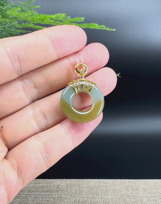 Load and play video in Gallery viewer, &amp;quot;Good Luck Button&amp;quot; Yellow Green Jadeite Jade Lucky KouKou Pendant With 18K Yellow Gold Diamonds Bail
