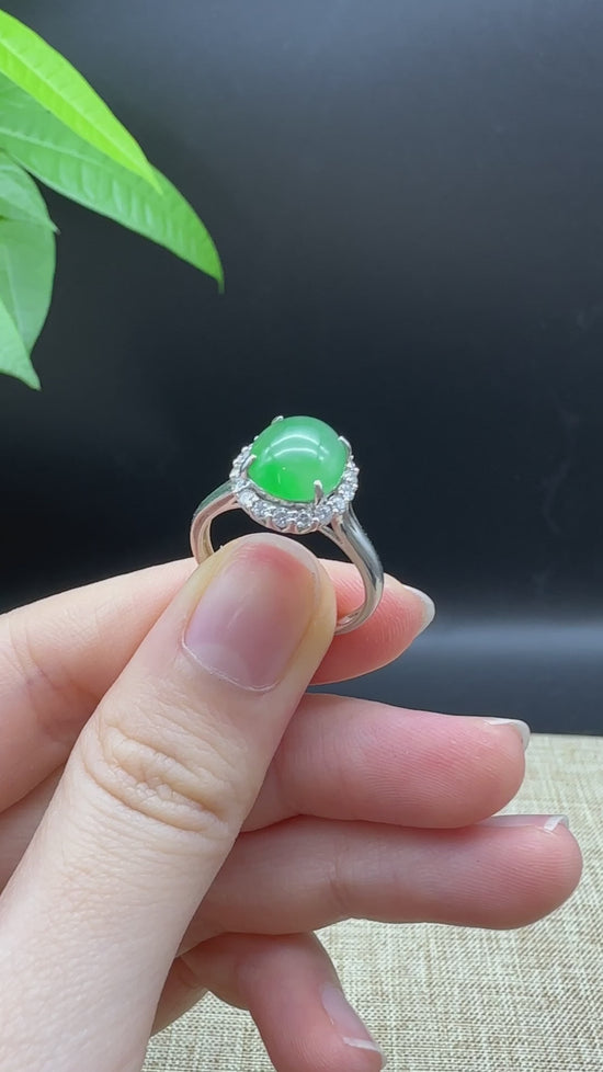 Load and play video in Gallery viewer, RealJade® &amp;quot;Amelie&amp;quot; 18k White Gold Natural Ice Jadeite Engagement Ring With Diamonds
