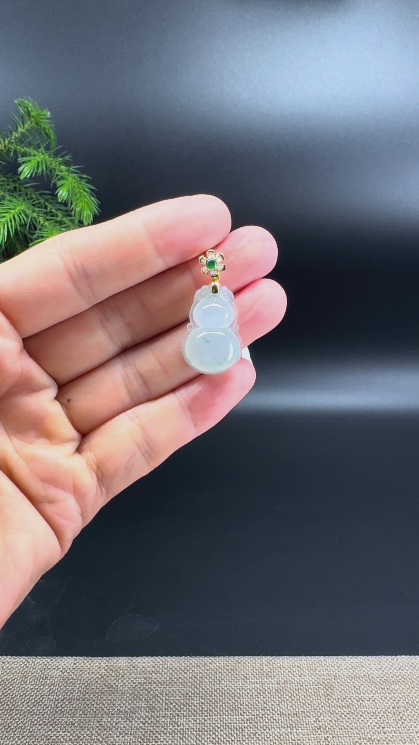 RealJade® Co. Genuine Icy green Jadeite Jade Good Luck Hulu Necklace With 18K Yellow Gold Bail