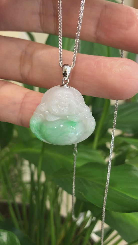 Load and play video in Gallery viewer, RealJade® &amp;quot;Laughing Buddha&amp;quot; Genuine Vibrant Green Jadeite Buddha Pendant Necklace With 14k White Gold Bail
