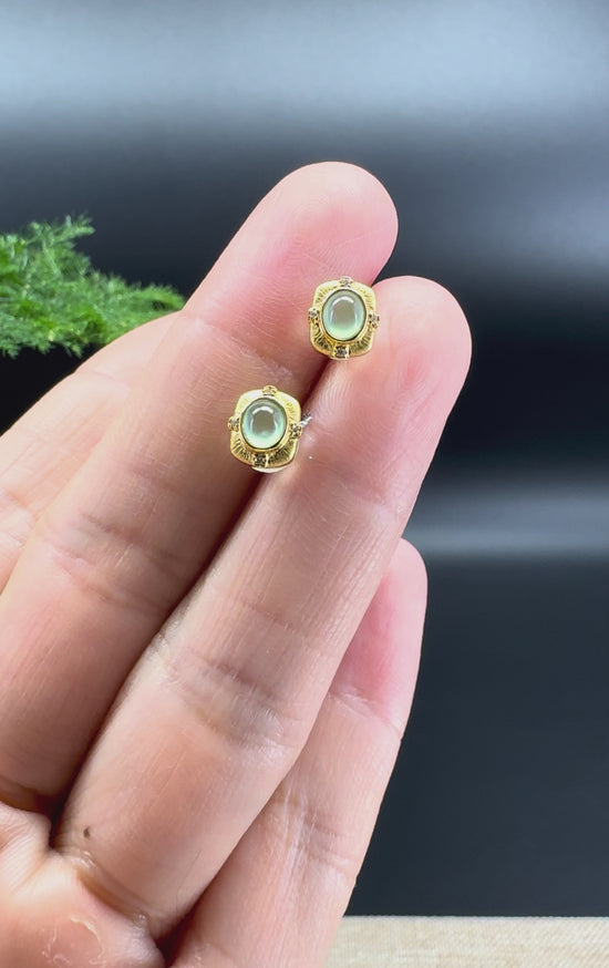 Load and play video in Gallery viewer, RealJade® 18k Yellow Gold Apple Green Jadeite Jade Oval Earrings with Diamonds
