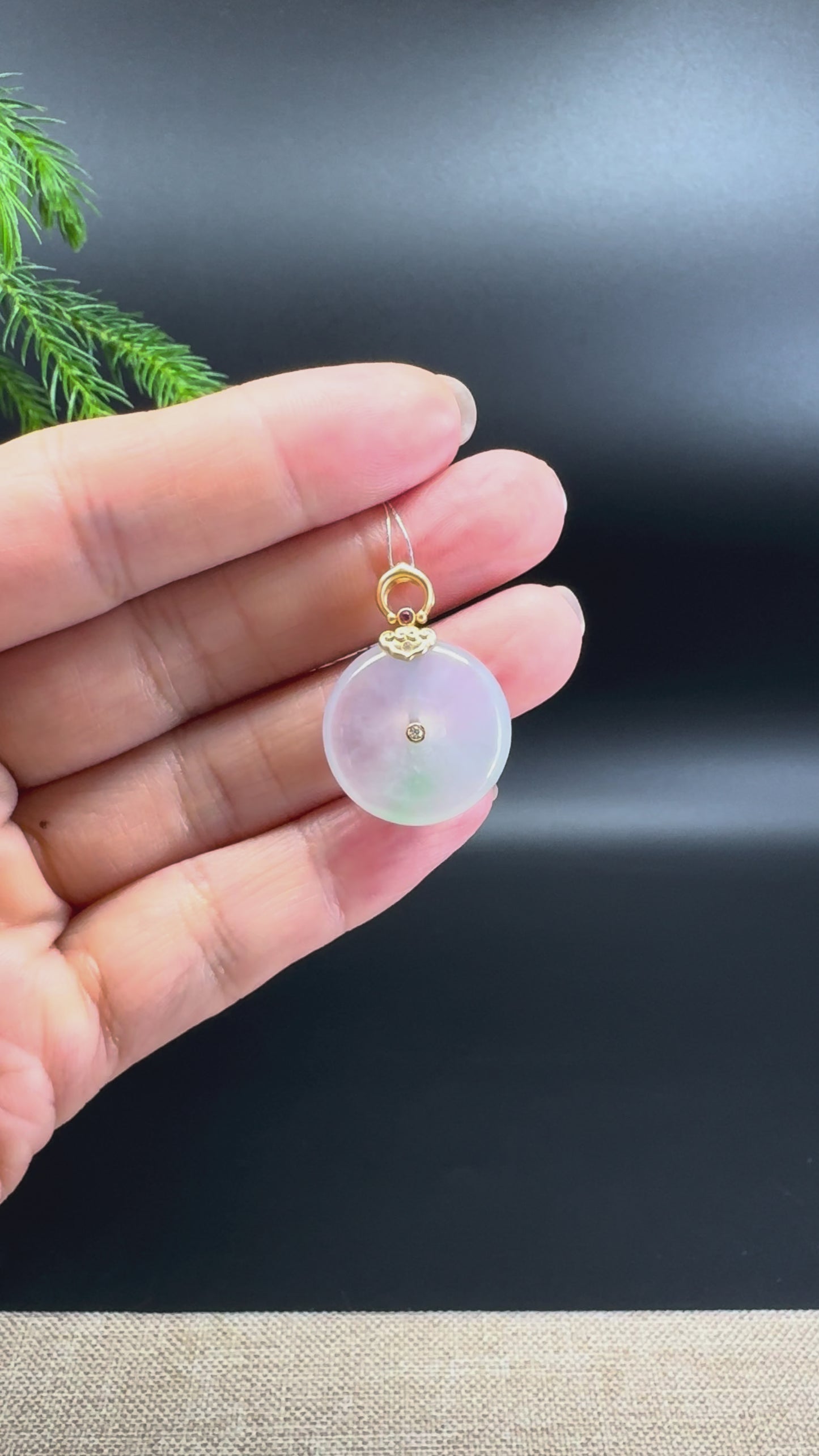Load and play video in Gallery viewer, &amp;quot;Good Luck Button&amp;quot;Icy Green Jadeite Jade Lucky KouKou Pendant With 18K Yellow Gold Bail
