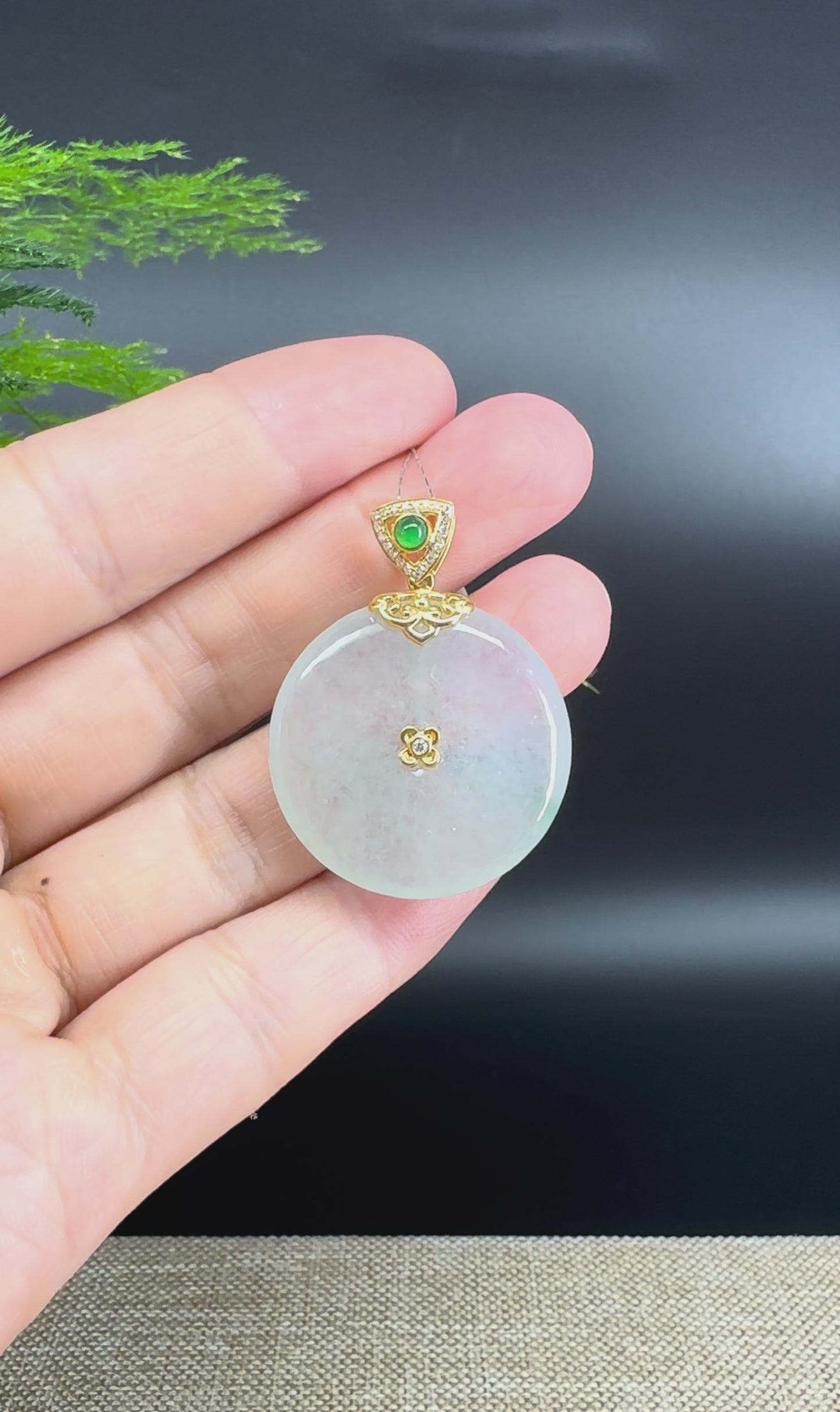 Load and play video in Gallery viewer, &amp;quot;Good Luck Button&amp;quot;Icy Green Jadeite Jade Lucky KouKou Pendant With 18K Yellow Gold Bail
