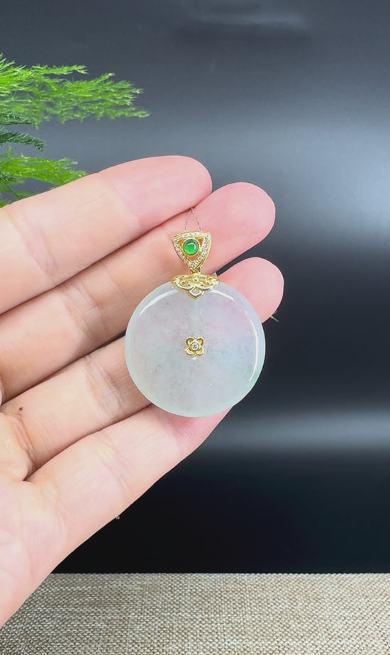 Load and play video in Gallery viewer, &amp;quot;Good Luck Button&amp;quot;Icy Green Jadeite Jade Lucky KouKou Pendant With 18K Yellow Gold Bail
