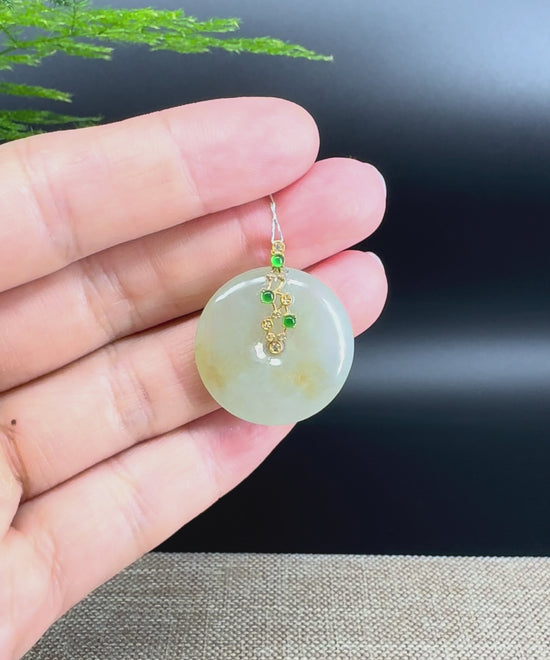 Load and play video in Gallery viewer, &amp;quot;Good Luck Button&amp;quot;Icy Yellow Jadeite Jade Lucky KouKou Pendant With 18K Yellow Gold  Bail
