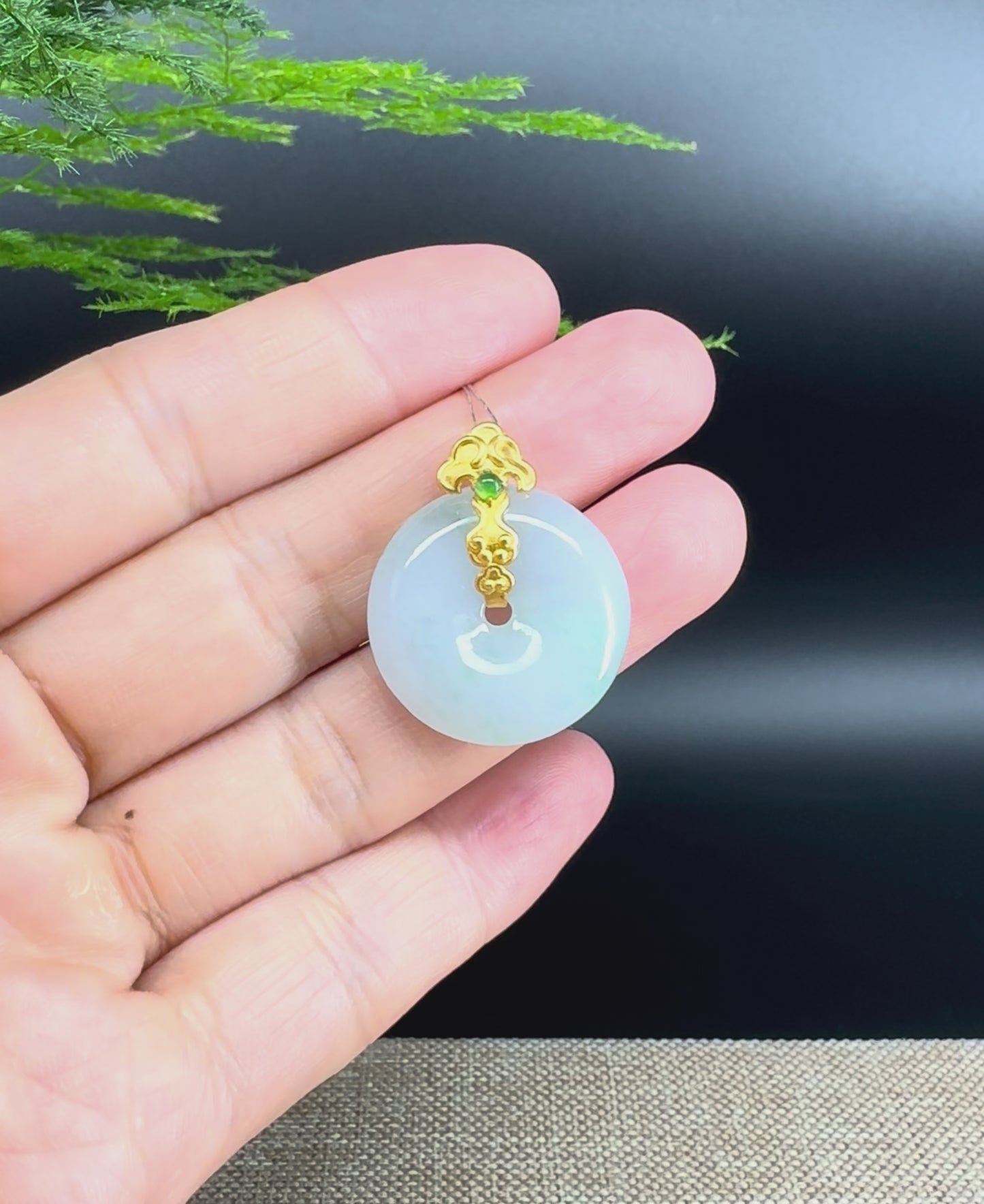 "Good Luck Button"Jadeite Jade Lucky KouKou Pendant With 18K Yellow Gold  Bail