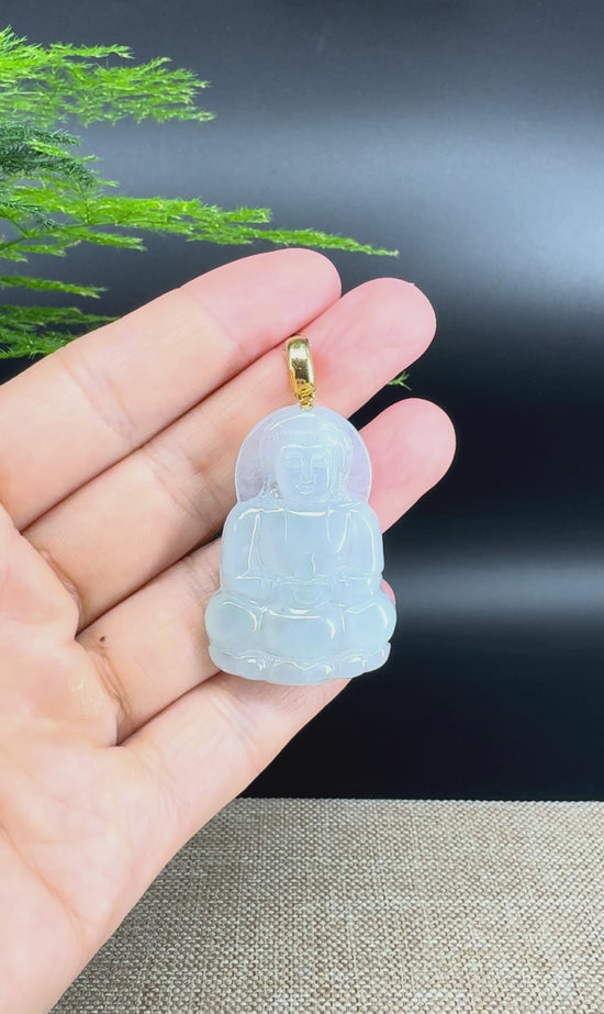 Load and play video in Gallery viewer, High-end 18K Yellow Gold Burmese Icy Jadeite Jade Guanyin Pendant Necklace
