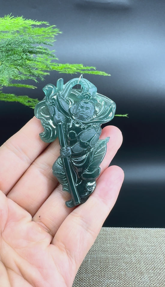 Load and play video in Gallery viewer, RealJade® Co. High Natural Guatemalan Blue Jadeite Jade Monkey King Pendant
