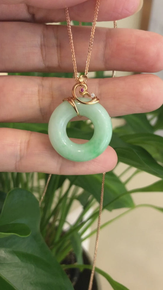 Load and play video in Gallery viewer, RealJade® &amp;quot;Good Luck Birdie&amp;quot; 18k Rose Gold Genuine Burmese Jadeite Lucky Pendant Necklace With AA Ruby &amp;amp; Diamond
