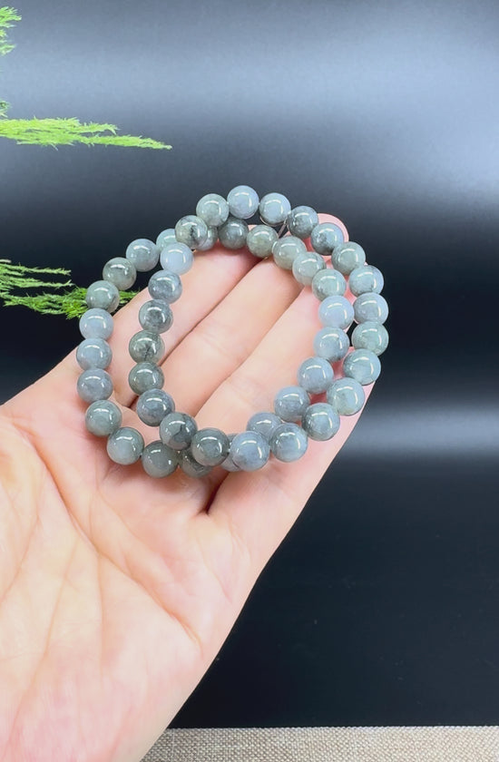 Load and play video in Gallery viewer, RealJade® Co. Genuine Jadeite Jade Round Icy Black  Beads Bracelet (8mm)
