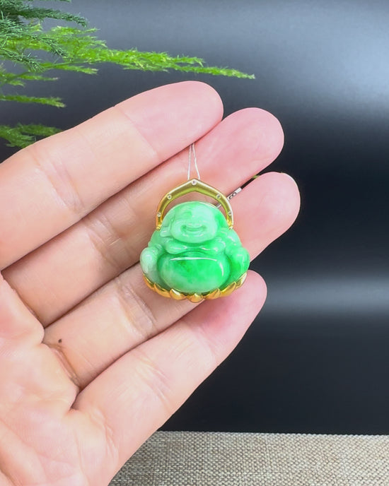 Load and play video in Gallery viewer, 18K Yellow Gold Burmese Green Jadeite Jade Happy Buddha Pendant

