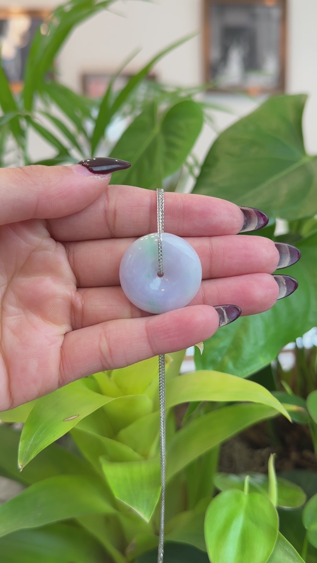 Load and play video in Gallery viewer, RealJade® Co. RealJade® Co. &amp;quot;Good Luck Button&amp;quot; Necklace Green Lavender Green Jadeite Jade Lucky Ping An Kou Pendant
