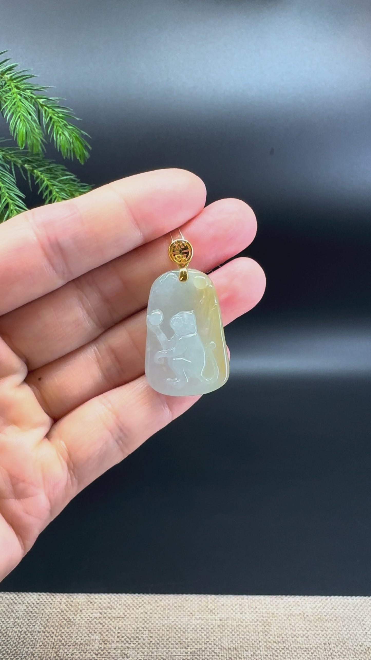 RealJade® co.: 18k Yellow Gold Natural Yellow Green Jadeite Jade Monkey Pendant Necklace