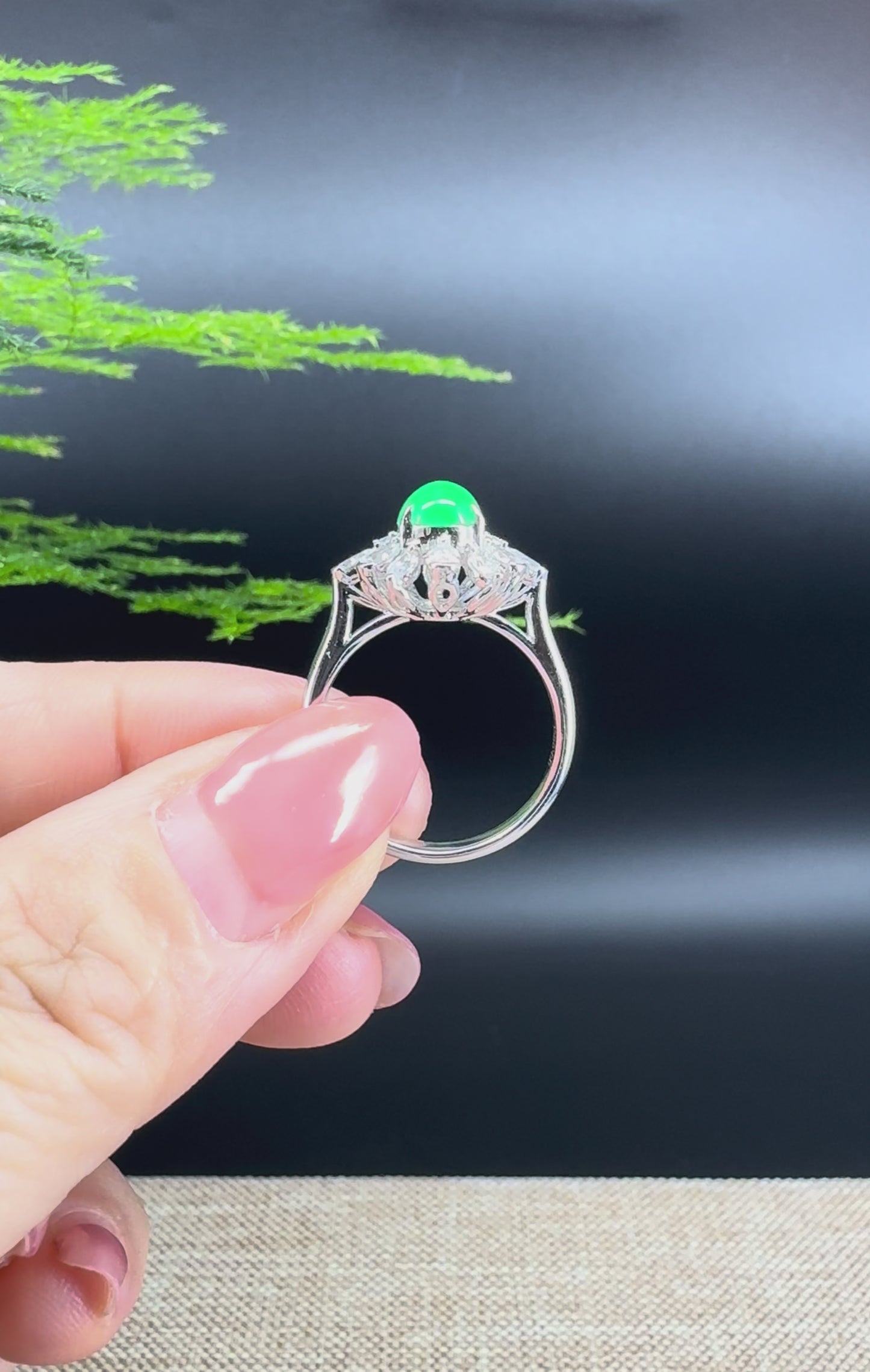 Load and play video in Gallery viewer, RealJade® &amp;quot;Amelie&amp;quot; 18k White Gold Natural Imperial Green Jadeite Engagement Ring With Diamonds
