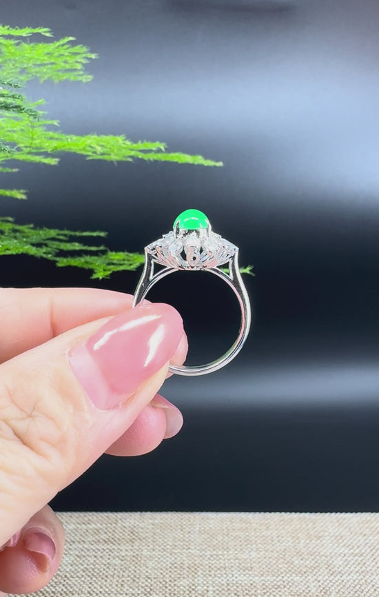 Load and play video in Gallery viewer, RealJade® &amp;quot;Amelie&amp;quot; 18k White Gold Natural Imperial Green Jadeite Engagement Ring With Diamonds
