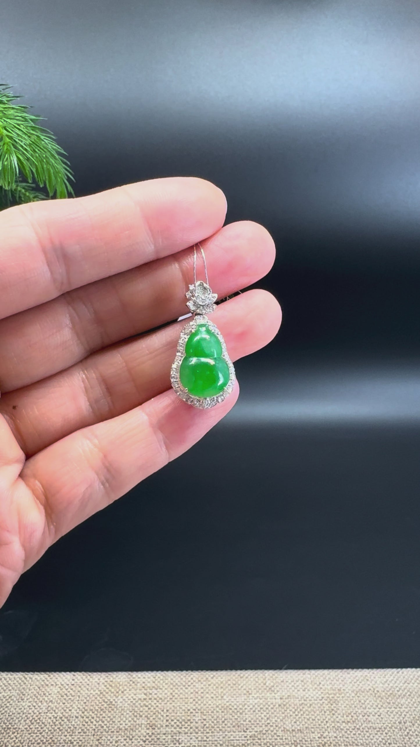 RealJade® Co. Genuine Green Jadeite Jade Good Luck Hulu Necklace With 18K White Gold Diamonds Bail