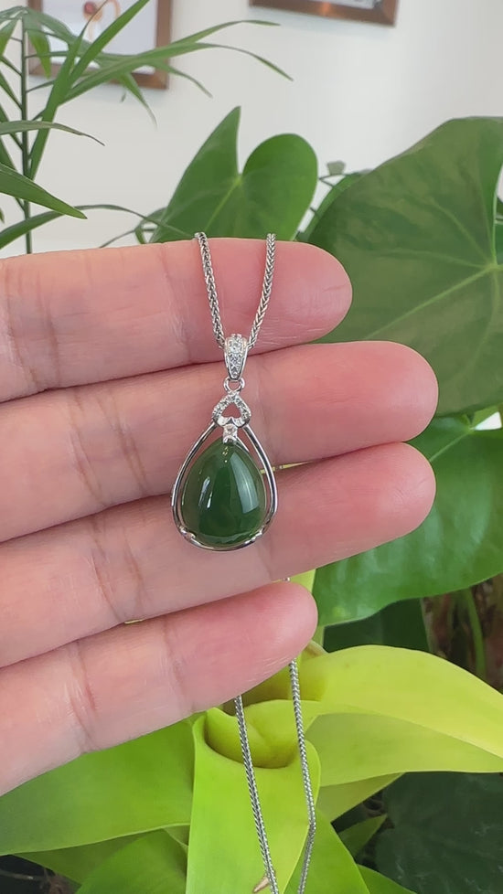 Load and play video in Gallery viewer, RealJade® Co. Genuine Green Nephrite Jade Tear Drop Pendant Necklace With CZ
