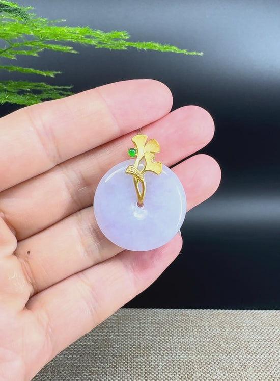 Load and play video in Gallery viewer, &amp;quot;Good Luck Button&amp;quot; Lavender Jadeite Jade Lucky KouKou Pendant With 18K Yellow Gold Bail
