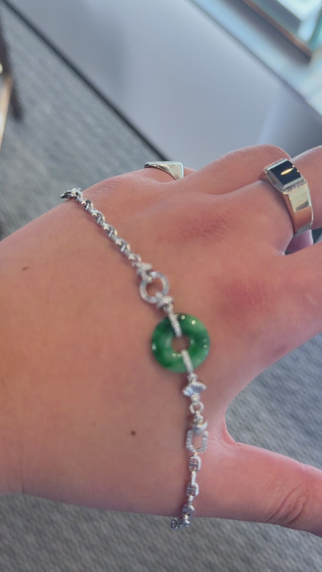 "Live" 18k White Gold Natural Spicy Green Jadeite Kou Kou Custom Link Bracelet With Natural Diamonds (09/30/25)