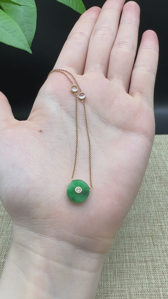 Load and play video in Gallery viewer, RealJade &amp;quot;Lucky Button&amp;quot; 18k Rose Gold Jadeite jade Diamond Pendant Necklace
