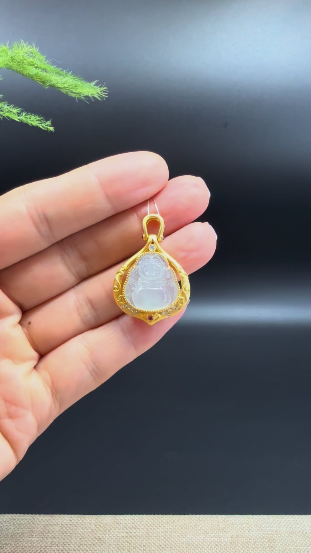 Load and play video in Gallery viewer, 18K Yellow Gold Burmese Icy Jadeite Jade Happy Buddha Pendant with Diamonds
