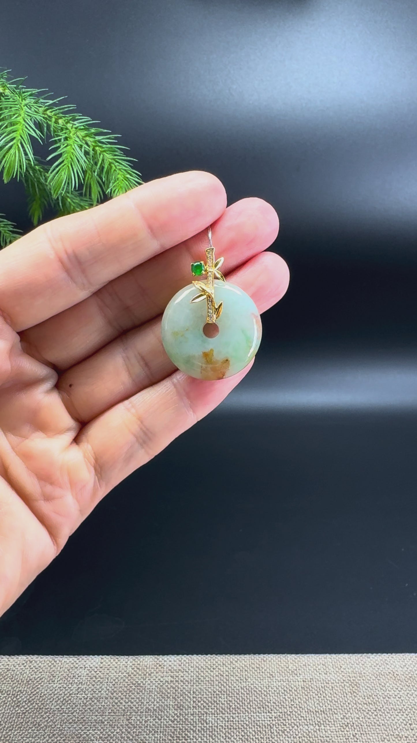 "Good Luck Button"Light Green & Sajin Jadeite Jade KouKou Pendant With 18K Yellow Gold Diamonds Bail
