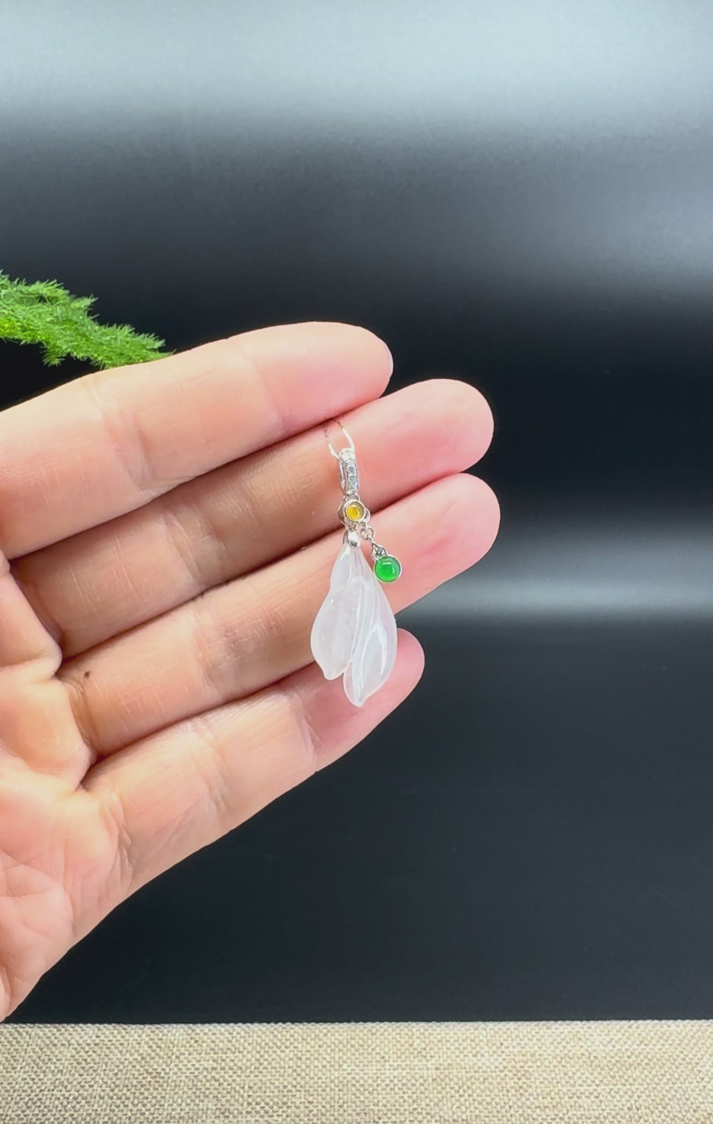 Load and play video in Gallery viewer, Natural 18K White Gold Burmese Icy Jadeite Jade Magnolia Flower Pendant With Diamonds
