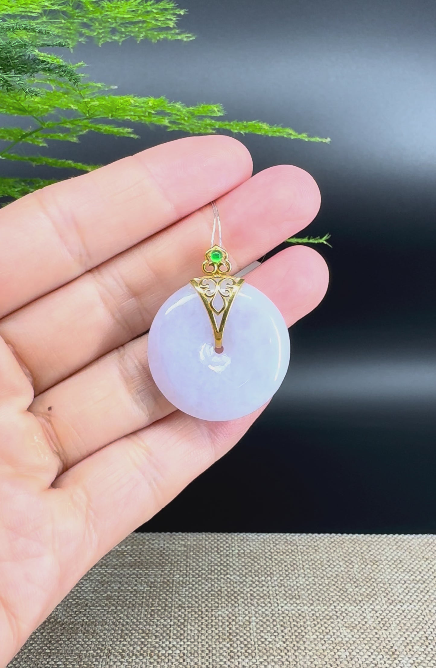 Load and play video in Gallery viewer, &amp;quot;Good Luck Button&amp;quot;Lavender Jadeite Jade Lucky KouKou Pendant With 18K Yellow Gold  Bail
