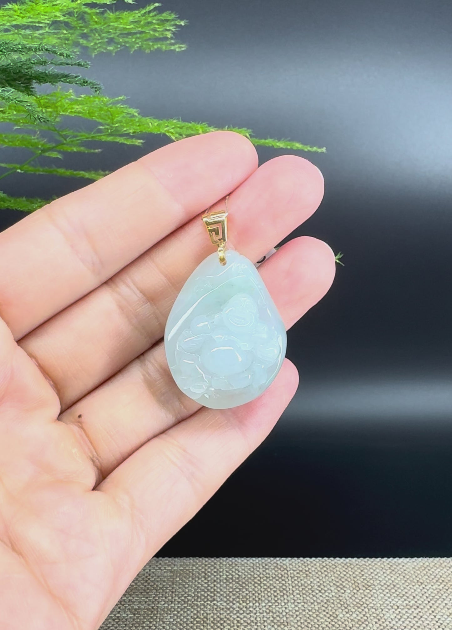 18K Yellow Gold Burmese Green Jadeite Jade Happy Buddha Pendant