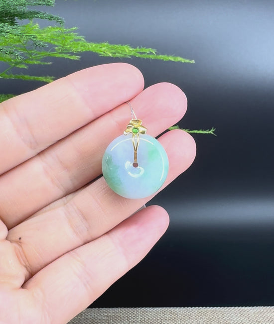 Load and play video in Gallery viewer, &amp;quot;Good Luck Button&amp;quot;Lavender Green Jadeite Jade Lucky KouKou Pendant With 18K Yellow Gold  Bail
