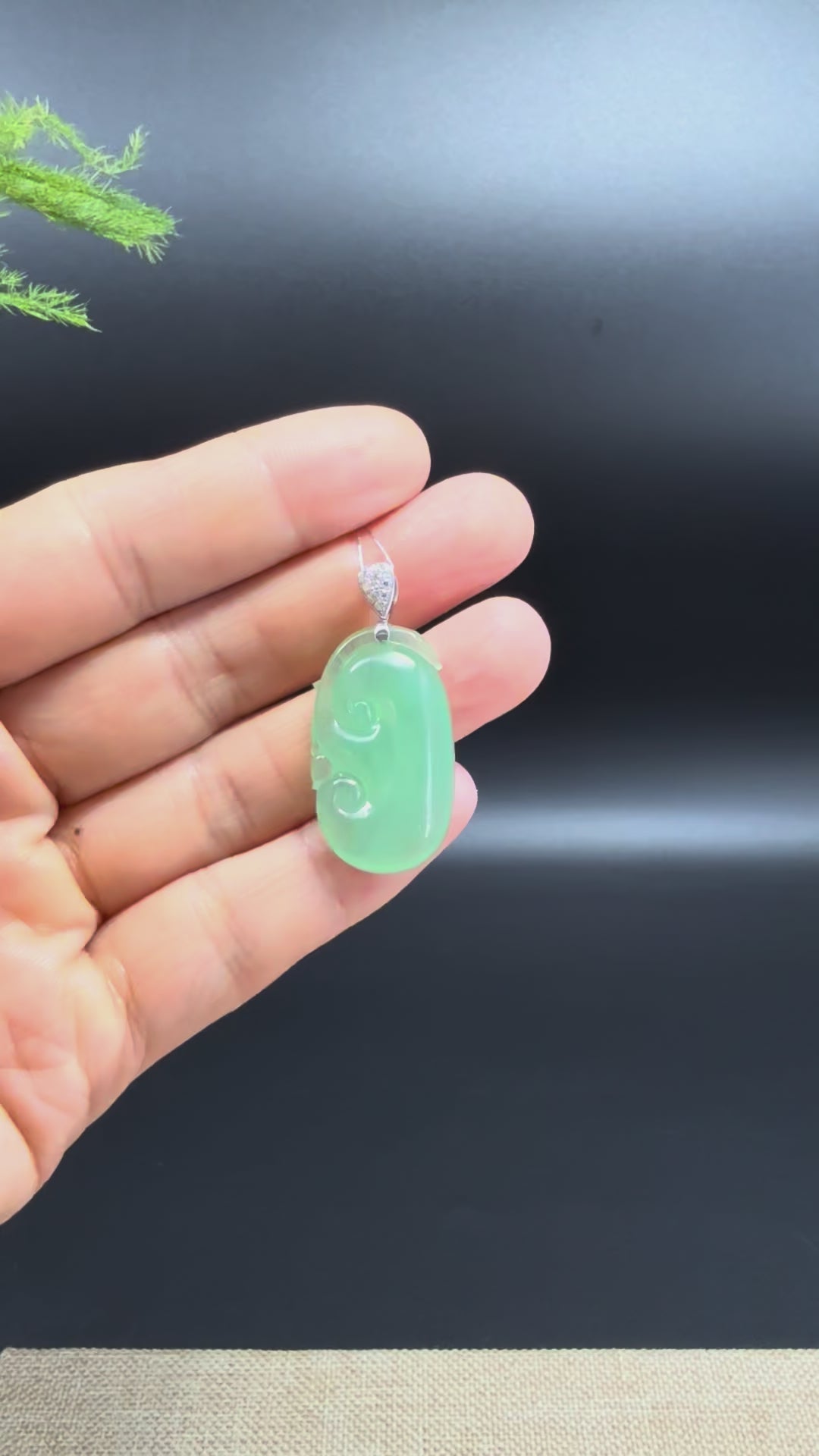 RealJade® Co. Genuine Green Jadeite Jade Good Luck RuYi Necklace With 18K White Gold Bail