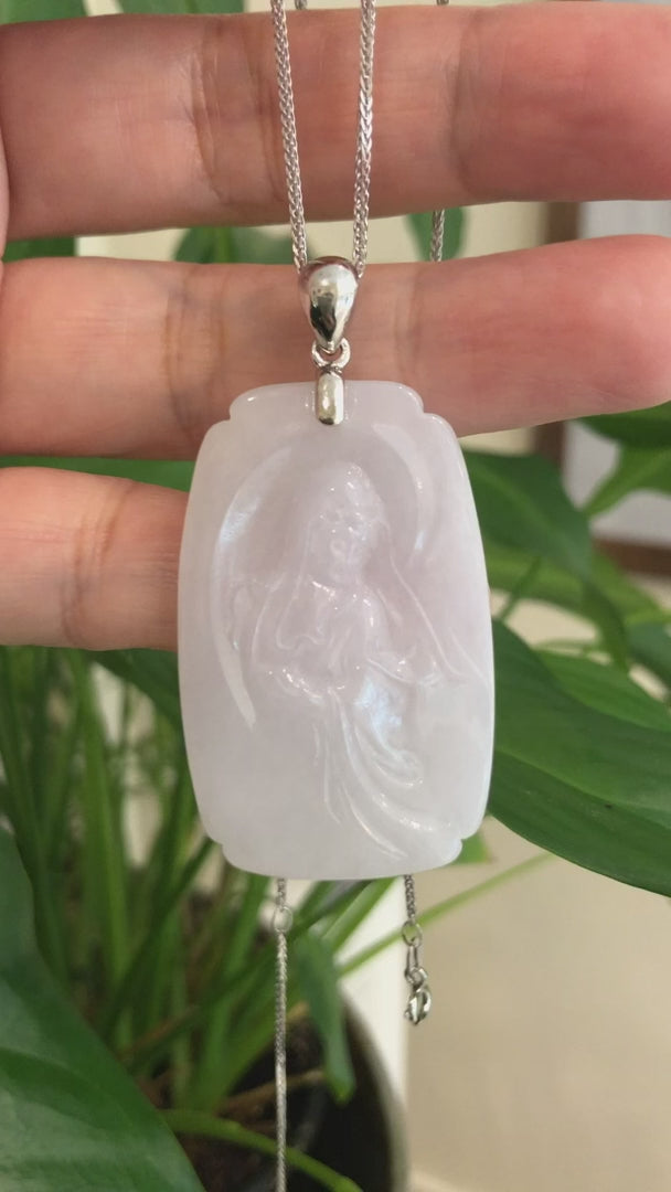 Load and play video in Gallery viewer, RealJade® Co. Genuine Burmese Lavender Jadeite Jade Guanyin Pendant Necklace
