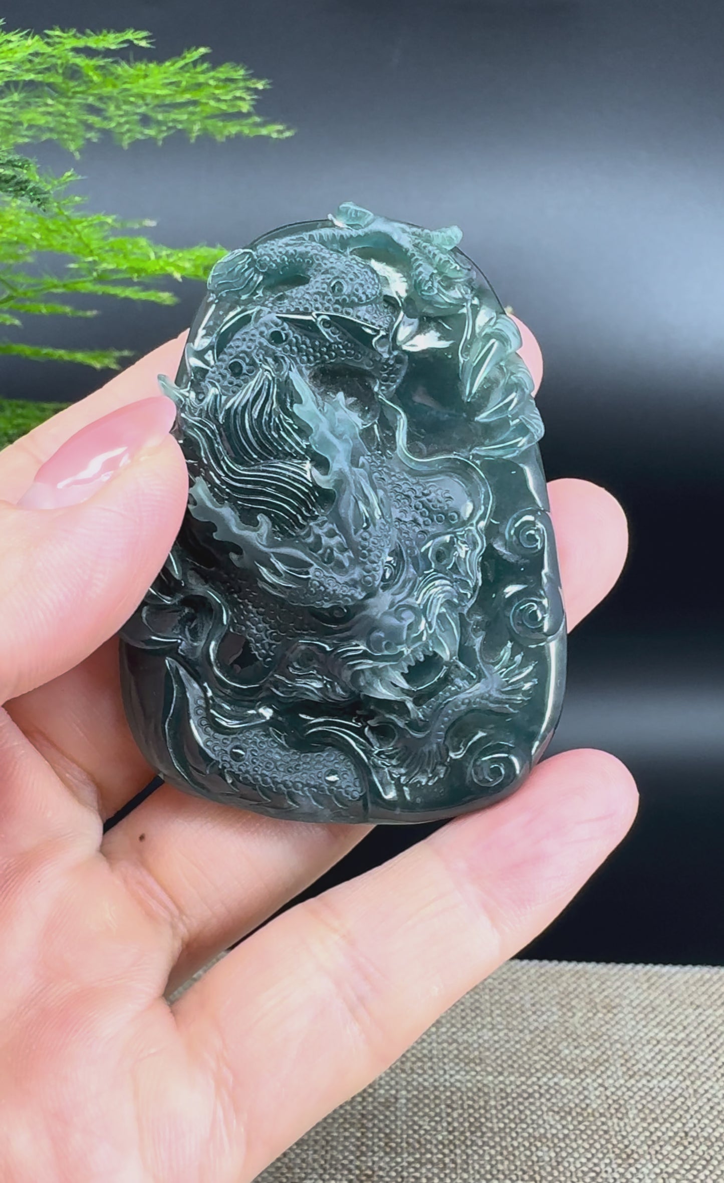 Load and play video in Gallery viewer, RealJade® Co. High Natural Guatemalan Blue Jadeite Jade Dragon Pendant
