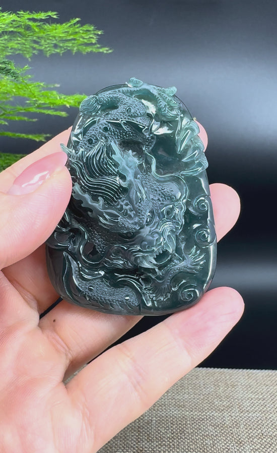 Load and play video in Gallery viewer, RealJade® Co. High Natural Guatemalan Blue Jadeite Jade Dragon Pendant
